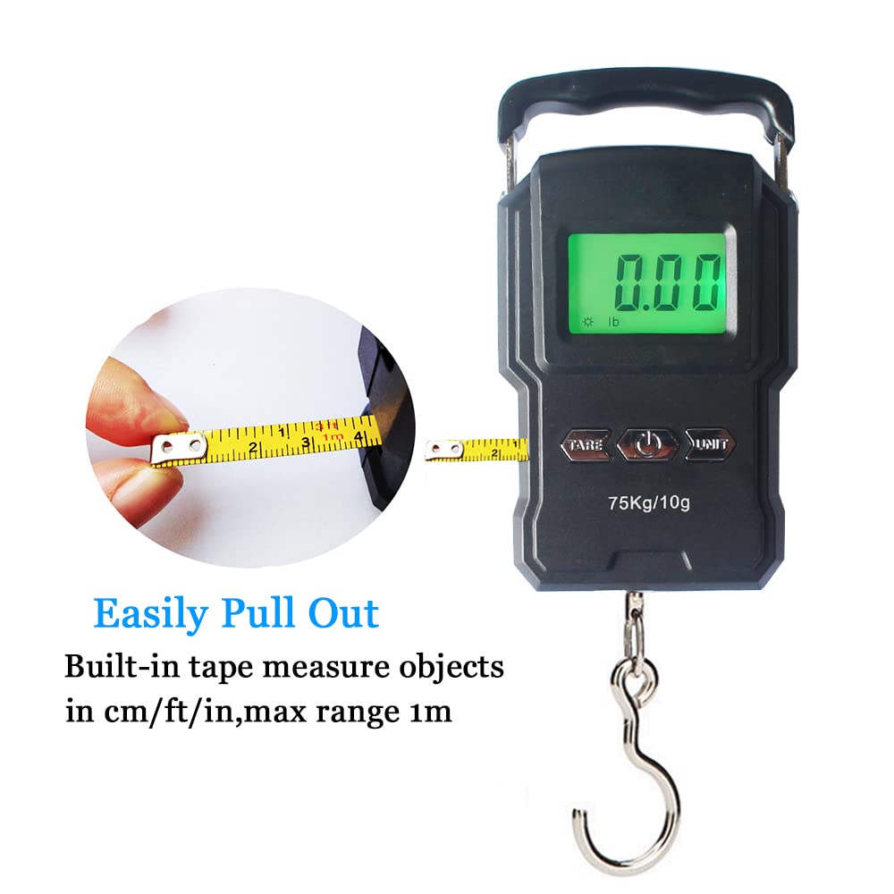 Portable Electronic Hook Scale Digital Hanging Bag Luggage Weight Scale Fishing Scale with Measuring Tape 165Lb Black
