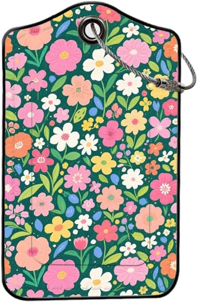 2 Pack Wildflower Leather Luggage Tags for Suitcases, Travel Bag Tags with Privacy Cover ID Label with Stainless Steel Loop for Women Men Girls Backpack Gift (Green Pink)