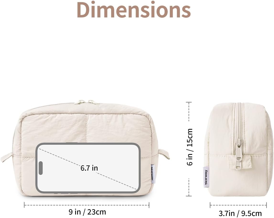 Narwey Puffy Makeup Bag for Travel Women Girl, Quilted Makeup Bag Cosmetic Bag, Cute Puffer Make Up Organizer Bags, Travel Toiletry Bag Toiletries (Beige)