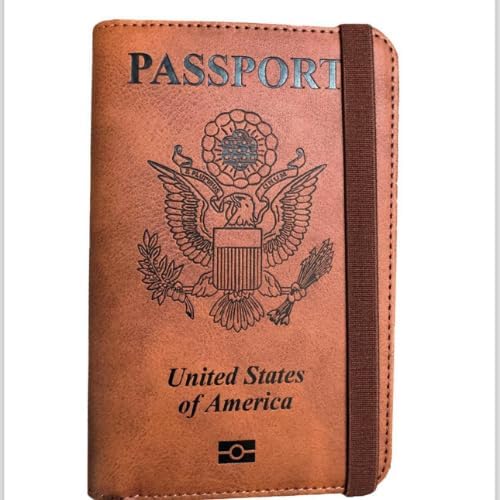 Passport Holder. GENUINE TOP GRAIN LEATHER. Luxury Gift Box. Pen, and SIM Card Removal Tool Included/Travel Wallet (American-Brown)