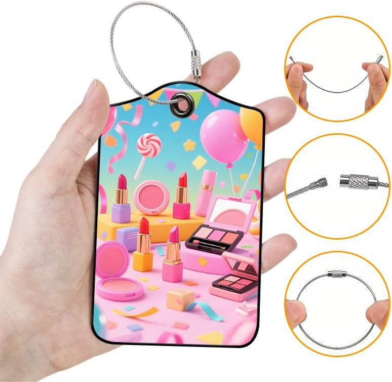 2 Pack Make Up Leather Luggage Tags for Suitcases, Travel Bag Tags with Privacy Cover ID Label with Stainless Steel Loop for Women Men Girls Backpack Gift (Pink Blue)