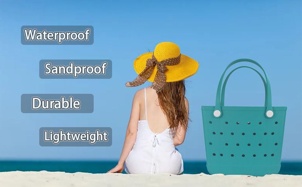 Medium Beach Bag, Waterproof Rubber Beach Bag, Washable Open Tote Bag Durable Tote Travel Bags for Outdoor Sport