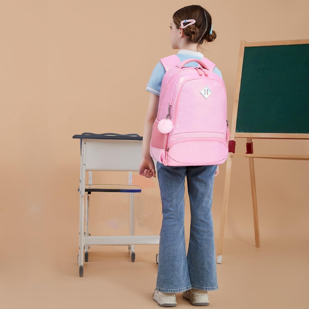 School Backpack for Girls Shiny Glitter Sparkly Bookbag for Kids Elementary Middle School Bags for Girl Blingbling Pink