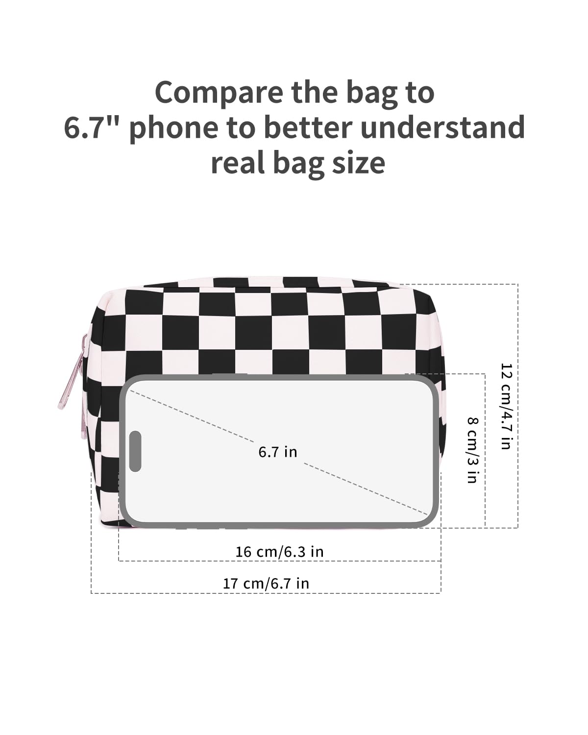 Narwey Small Checkered Makeup Bag for Purse Mini Cosmetic Bag Travel Makeup Pouch Zipper Pouch Cute Make up Bags with Compartments for Women Girls (Black Checkerboard, Small)