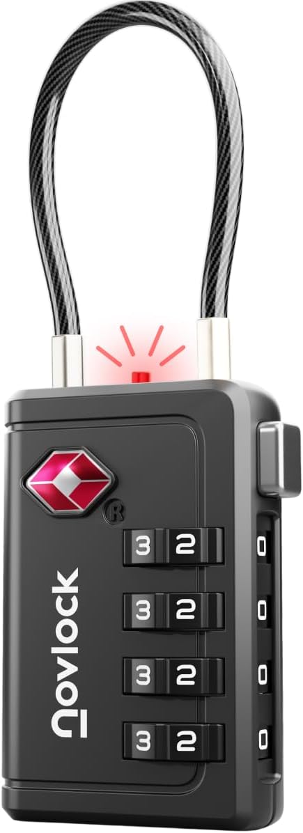 TSA Approved Luggage Lock | Inspection Indicator, 4-Digit Combination, Durable Zinc Alloy | for Suitcases, Backpacks, Travel Bags | Black, 1-Pack