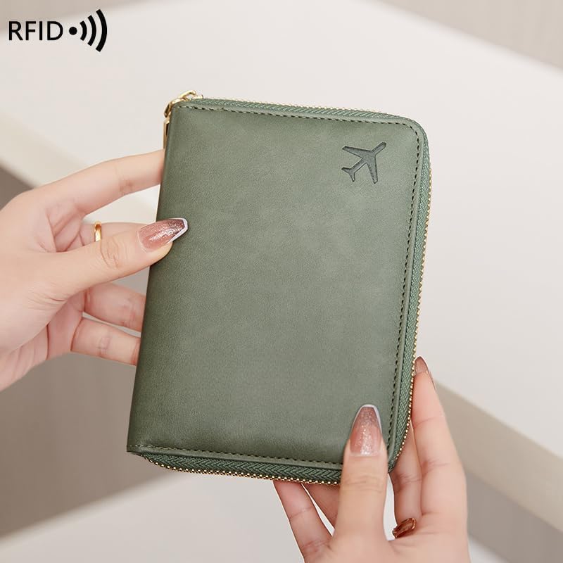 Genuine Leather Wallet Unisex Zipper Passport Holder RFID Blocking Waterproof - Vintage Travel Wallet (Green)