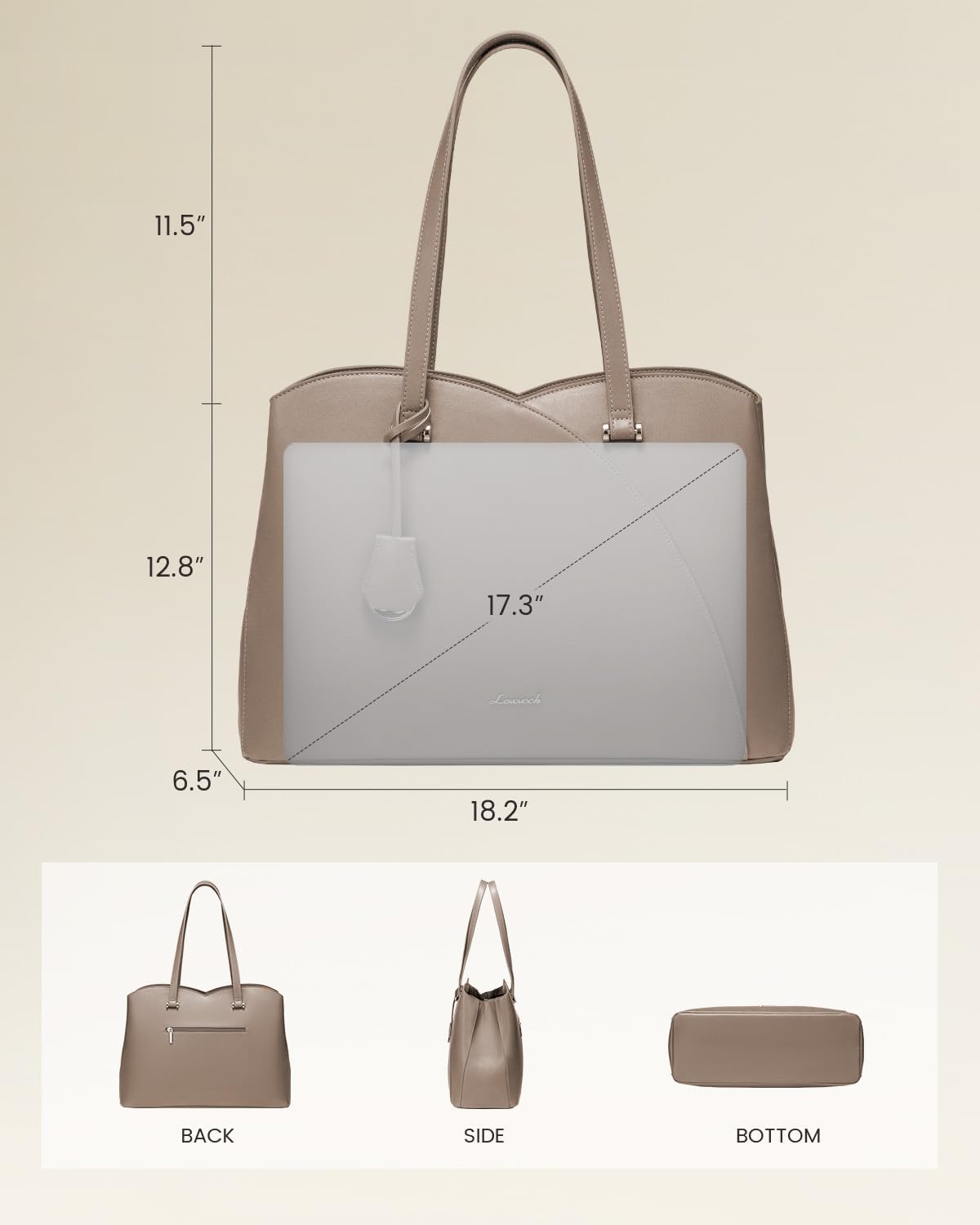 LOVEVOOK Teacher Tote Bag for Women, Work Bags Laptop Bag, Professional 17.3 Inch Leather Computer Bag, Large Purses Handbag Briefcase, Taupe