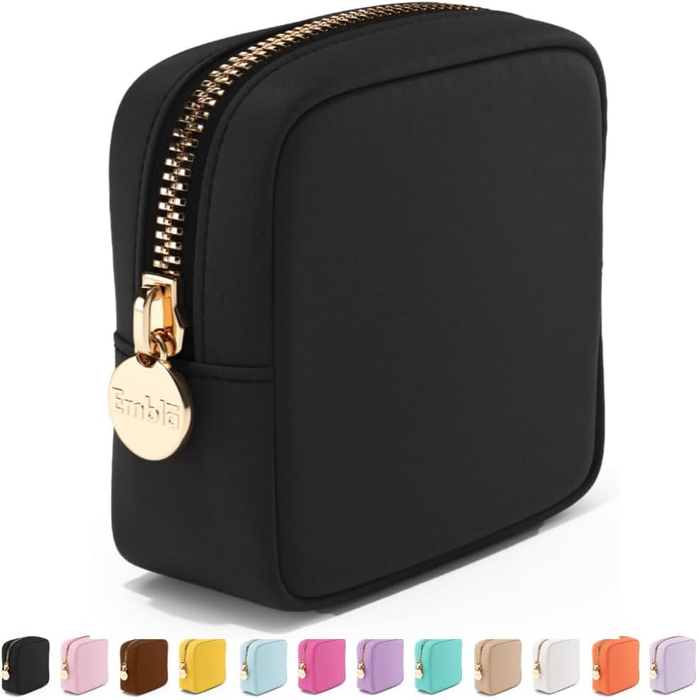 Embla Makeup Bag Travel Cosmetics Pouch and Toiletry Bag, Nylon Zipper Pouch Purse, Cute Make Up Organizer Storage Tote for Women Girls, Waterproof Travel Skincare Case, Small Makeup Bags, Black