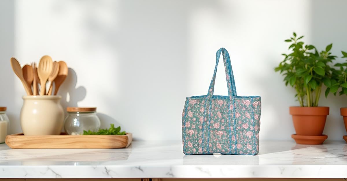 Floral Cotton Tote Bag for Women – Large Reusable Shoulder Bag for Shopping, Grocery, Beach, Travel & Everyday Use