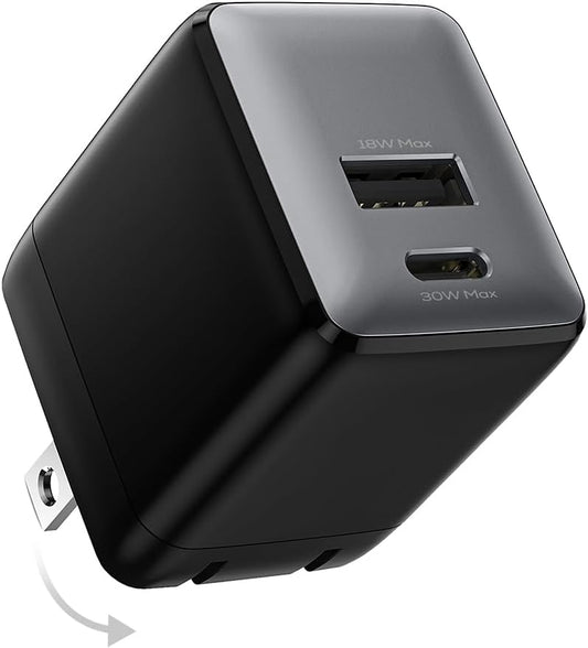 USB C Fast Charging Charger, 30W Dual-Port GaN Nano Charger with Foldable Plug for iPhone 16/15 Series, iPad, Galaxy S24 Ultra and More Series, (Black, 1 Pack)