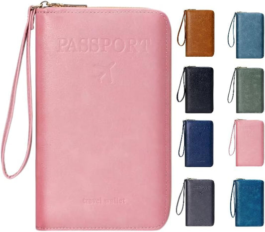 Multi-Functional RFID Passport Wallet,Travel Wallet for Men & Women,With zipper, anti-theft passport holder，Slim Leather Cover for Credit Cards, Tickets, Cash (Pink)
