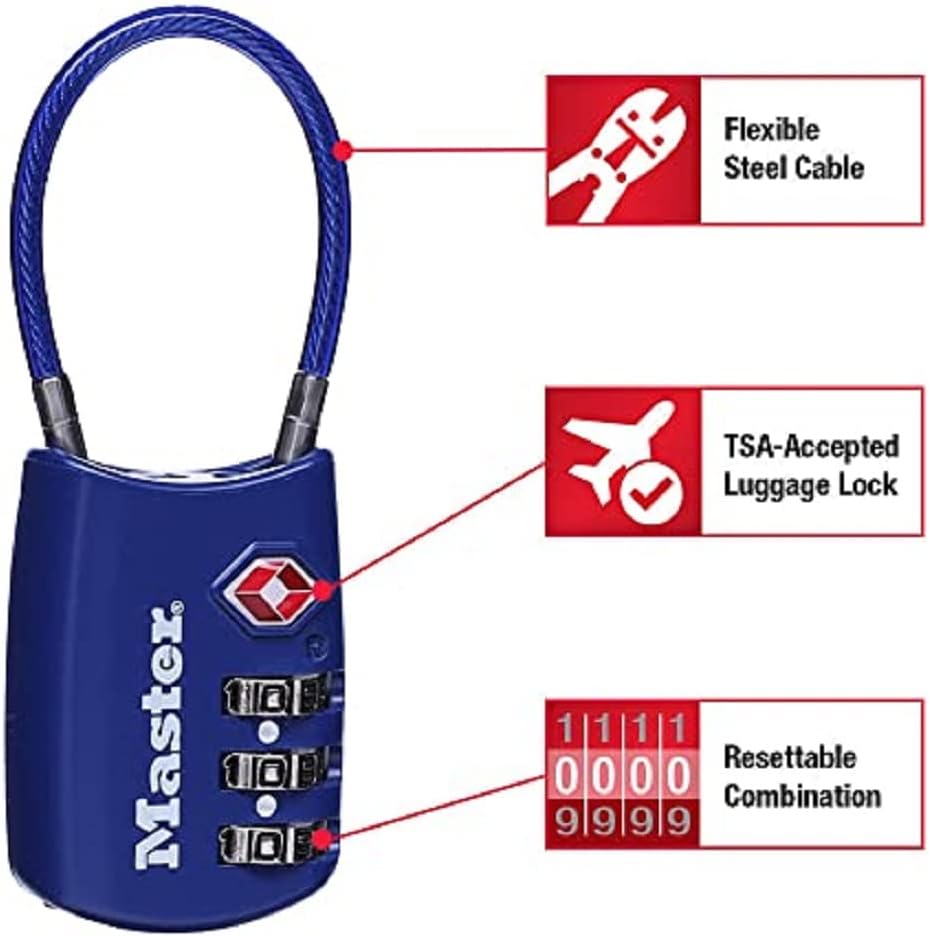 Master Lock Padlock, Set Your Own Combination TSA Locks for Luggage, Travel Zipper Lock with Cable Shackle is 1-3/16 in. Wide, Colors May Vary, 4688T, 2 Count (Pack of 1)