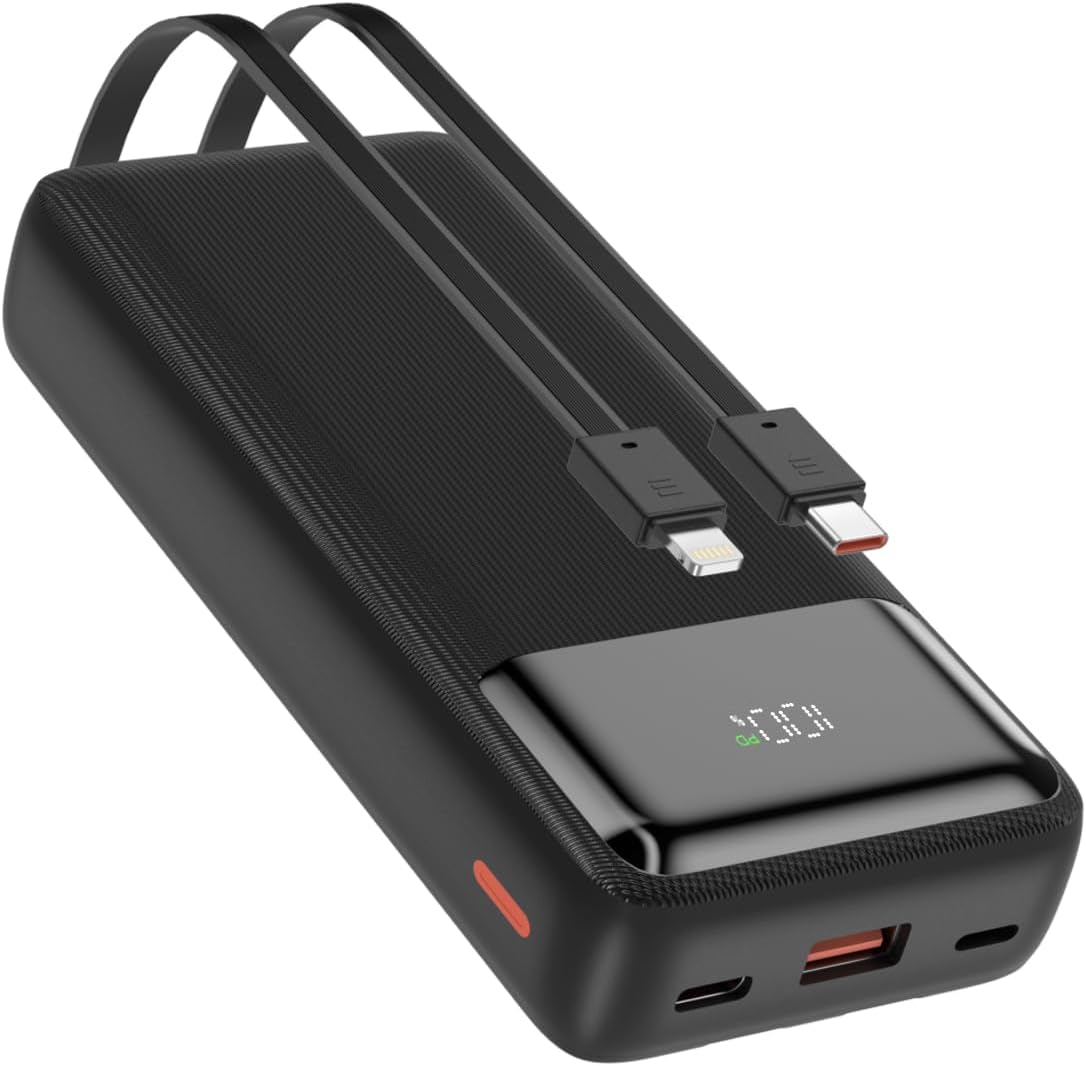 20000mAh Power Bank 22.5W PD/QC3.0 Fast Charging Portable Charger with Built-in Lightning and Type-C Cables 5V-4.5A iPhone,Samsung,iPad,Tablets,Google Pixel,AirPods and More