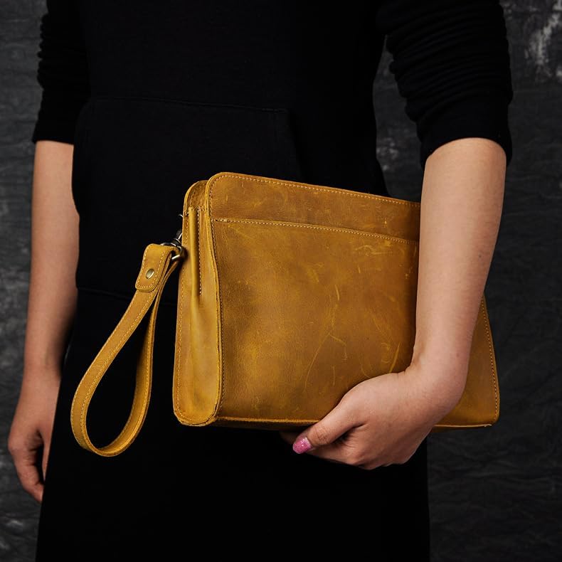 Vintage Crazy Horse Leather Business Briefcase - Under Arm Clutch Bag with Tablet Case & Organizer