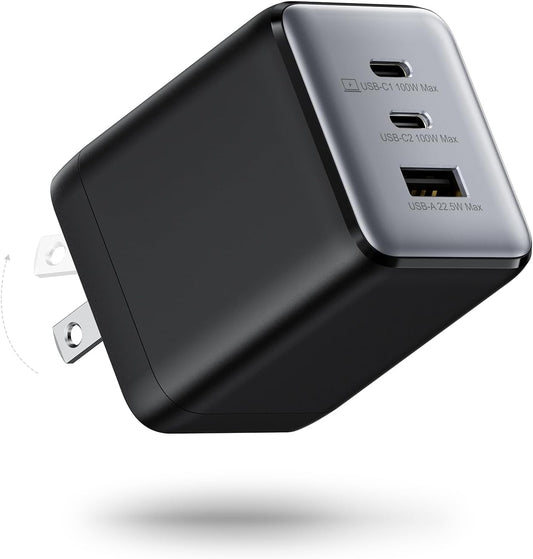 100W USB C Charger Block, 3-Port Compact Foldable Power Adapter USB Wall Charger for MacBook Pro/Air, Dell XPS, iPad Pro, iPhone Series, Galaxy S25/S24, and More (Black)