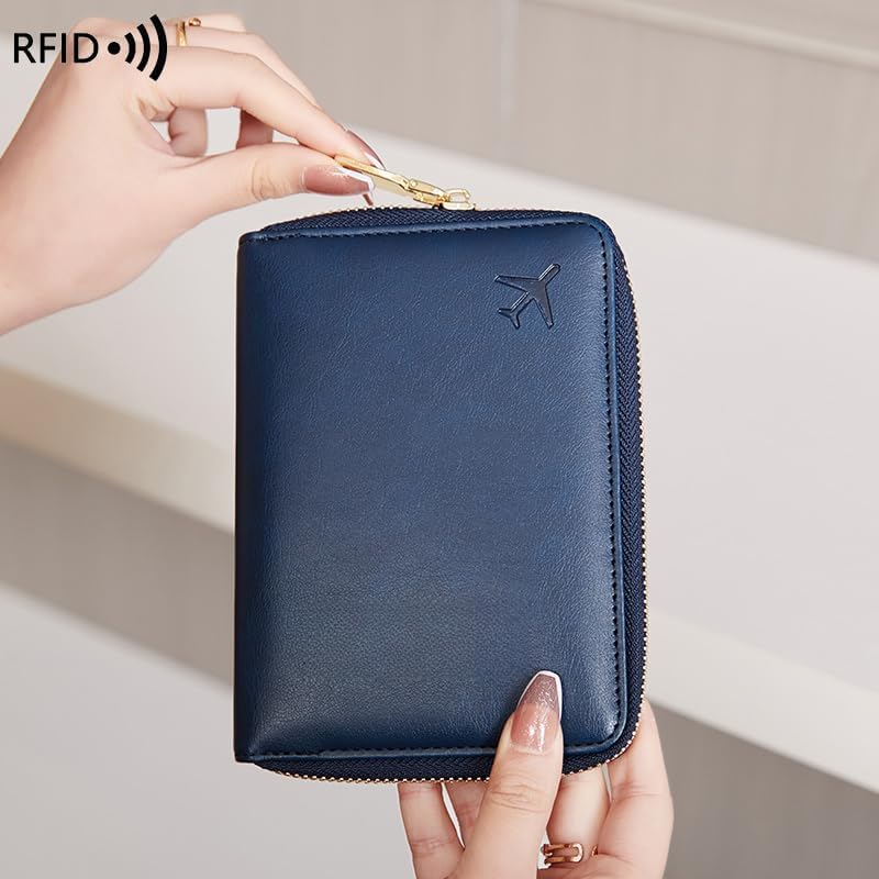 Genuine Leather Wallet Unisex Zipper Passport Holder RFID Blocking Waterproof - Vintage Travel Wallet (Dark Blue)