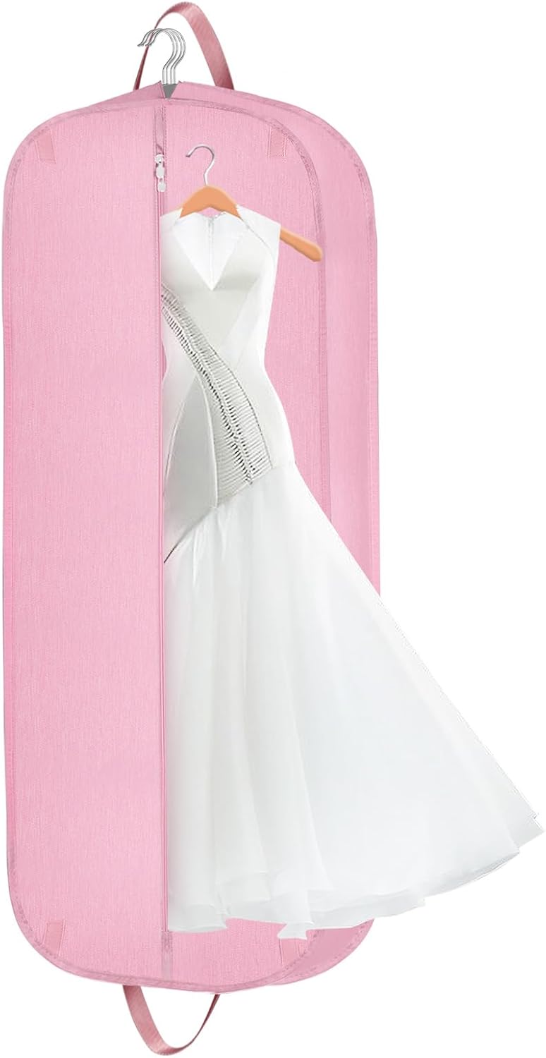 60 Inch Heavy Duty Tear Resistance Wedding Dress Bag for Wedding Travel, Waterproof Dress Cover for Closet Wardrobe. Garment Bag for Gowns, Tuxedos, Dress, Long Coats. Pink, 60 Inch.