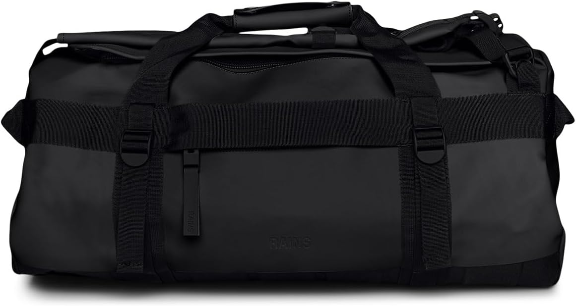RAINS Texel Duffel Bag - Waterproof Black Large Travel Bag with U-Shaped Zip Closure, Compression Straps, Mesh Pockets, and Padded Carry Handles - 2 Year Warranty
