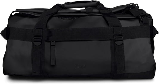 RAINS Texel Duffel Bag - Waterproof Black Large Travel Bag with U-Shaped Zip Closure, Compression Straps, Mesh Pockets, and Padded Carry Handles - 2 Year Warranty