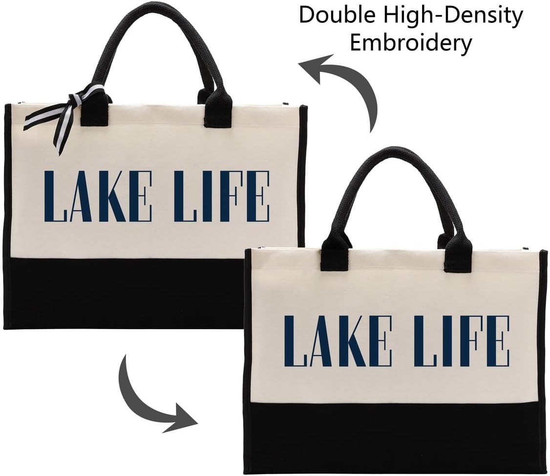 EDCTO Canvas Tote Bag, Cotton Canvas Tote Bag, Lake Trip Bag, Birthday Gifts for Women Friend Her, Canvas Tote Bags for Lake Life Lover, Canvas Beach Tote for Boating Weekend Holiday Overnight Travel