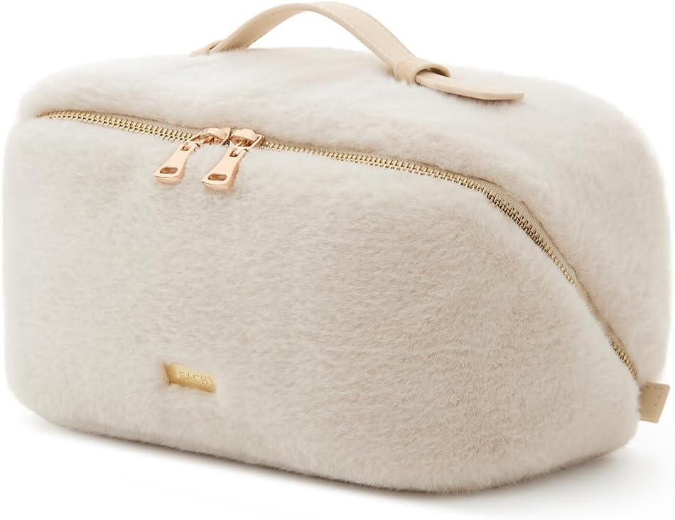 EACHY Travel Makeup Bag,Cute Faux Fur Cosmetic Bag for Women,Portable 180°Wide-Open Flat Toiletry