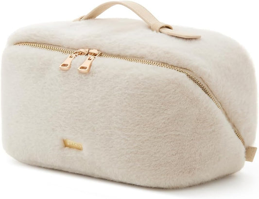EACHY Travel Makeup Bag,Cute Faux Fur Cosmetic Bag for Women,Portable 180°Wide-Open Flat Toiletry Bag,Large Capacity Makeup Pouch Make up Organizer with Divider and Handle