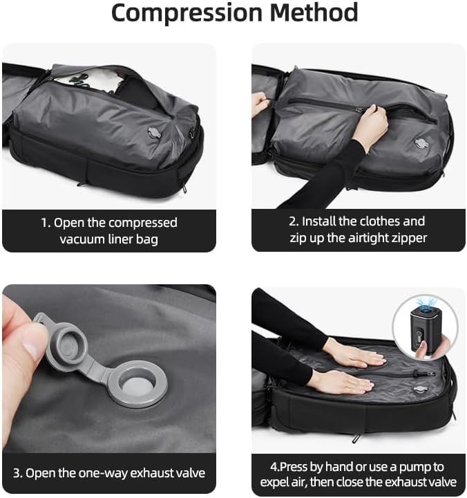 Fiordcase Vacuum Rolling Backpack with Vacuum System, Pump and Charging Port, Carry On Luggage with Vacuum Seal Bag, Wheels, TSA Lock, Travel Suitcase with Vacuum Compression Bag for 17" Laptop