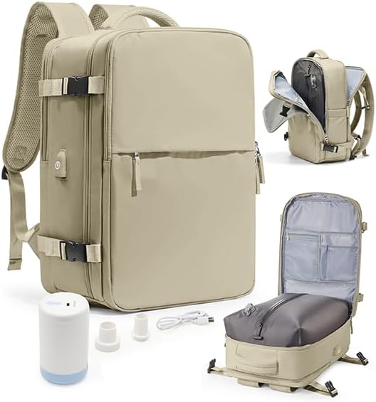 Vacuum Seal Travel Backpack with Air Pump,Compression Vacpack Waterproof Carry On Backpack for Travel Women Men with Vacuum System,Airlines Approved Daypack Laptop Space Saver Bags,Khaki