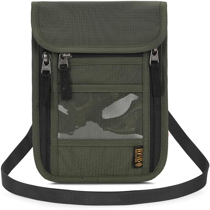 Passport Holder for Travel, Neck Pouch Travel Wallet With RFID Blocking, Waterproof Lightweight Passport Wallet for Women and Men (Army Green)