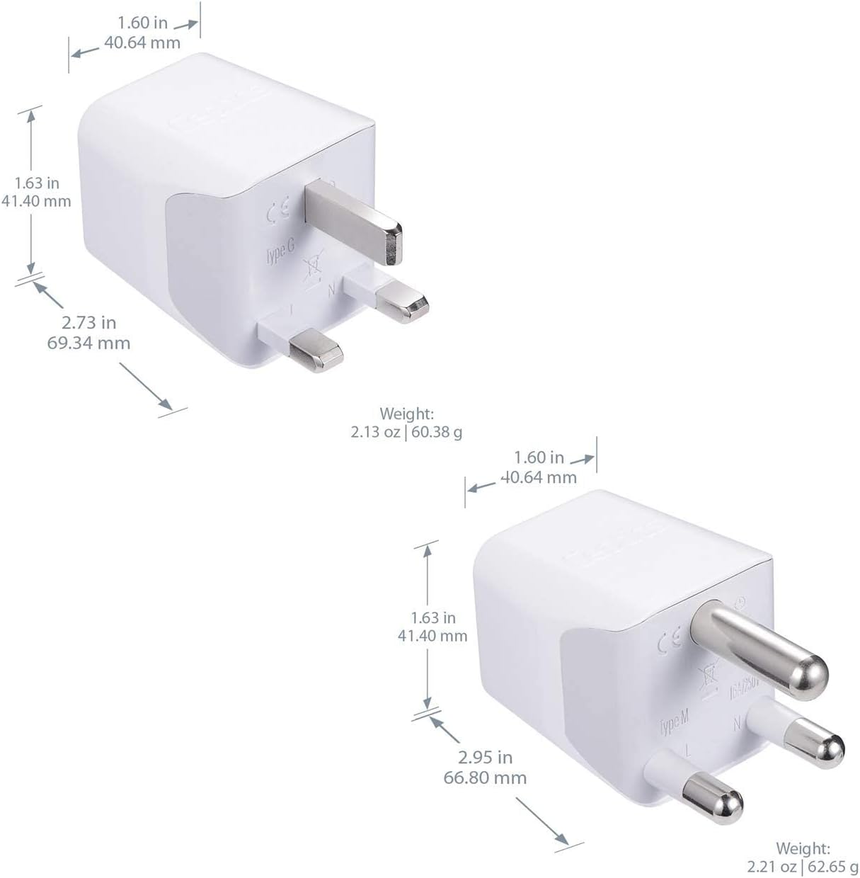 Ceptics South Africa Travel Plug Set - with 2 USB + USA Socket Input - Type M and Type G - Ultra Compact - Safe Grounded Perfect for Cell Phones, Laptops, Camera Chargers