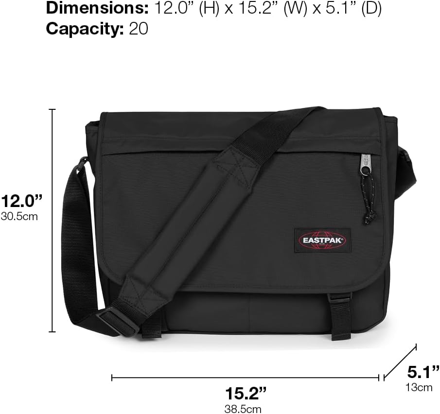 EASTPAK Delegate + – 20L Weatherproof Shoulder Bag with 17" Laptop Sleeve, Trolley Strap, Reflective Details, Adjustable Padded Strap, Tarp Black