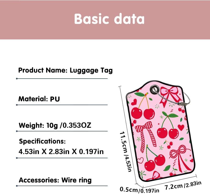 2 Pack Cherry Leather Luggage Tags for Suitcases, Travel Bag Tags with Privacy Cover ID Label with Stainless Steel Loop for Women Men Girls Backpack Gift (Pink Red)