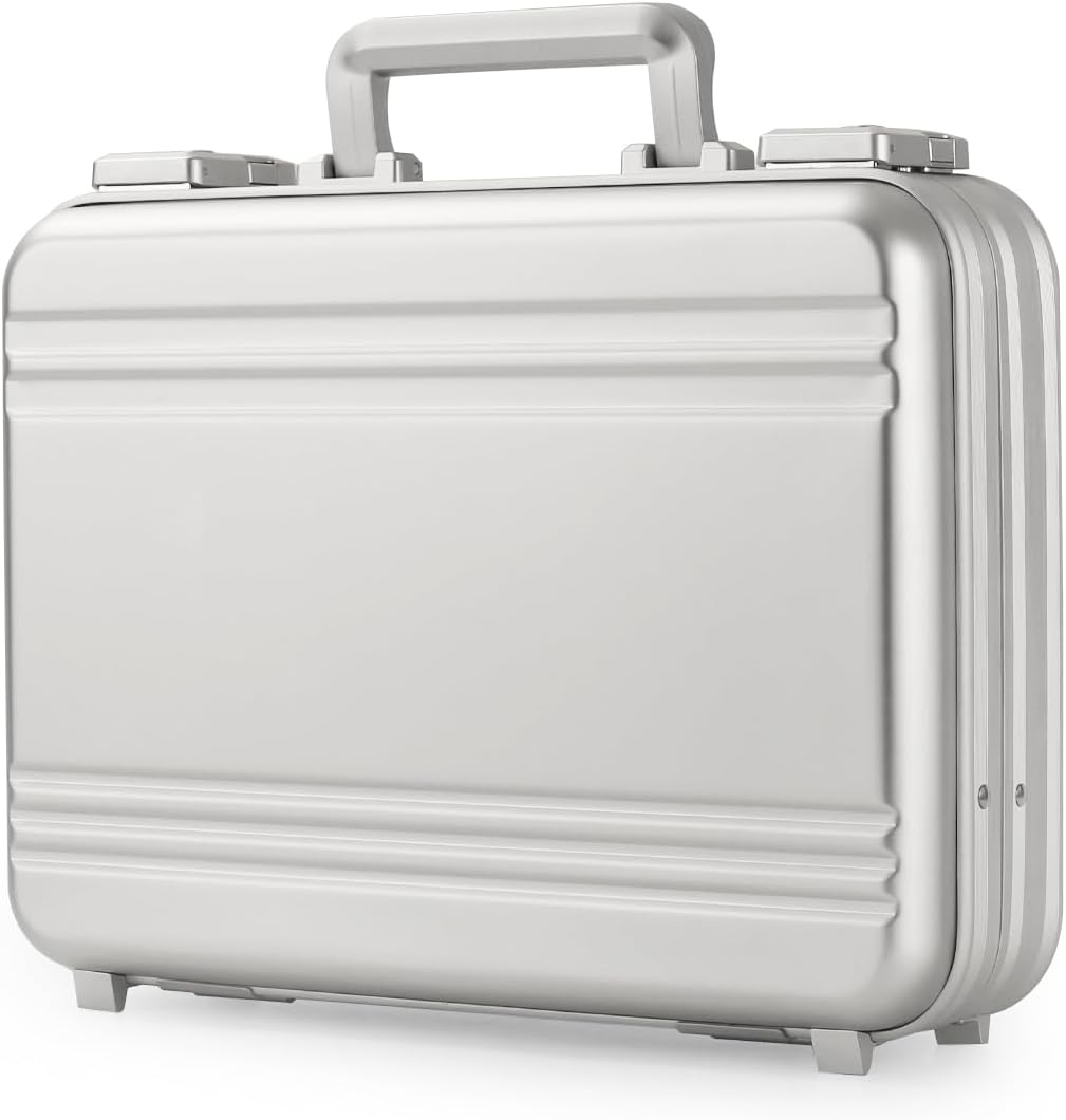 Small Aluminum Briefcase 14.5X10.6X4.5 Inch Metal Toolbox Cash Case 14 Inch Notebook Briefcase Slim for Men Silver Attache Case