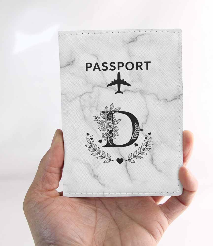Flower D Passport Holder for Travel Marble Simple Style Black Gray PU Leather Passport Cover Wallet Cute Passport Card Holder for Women and Men