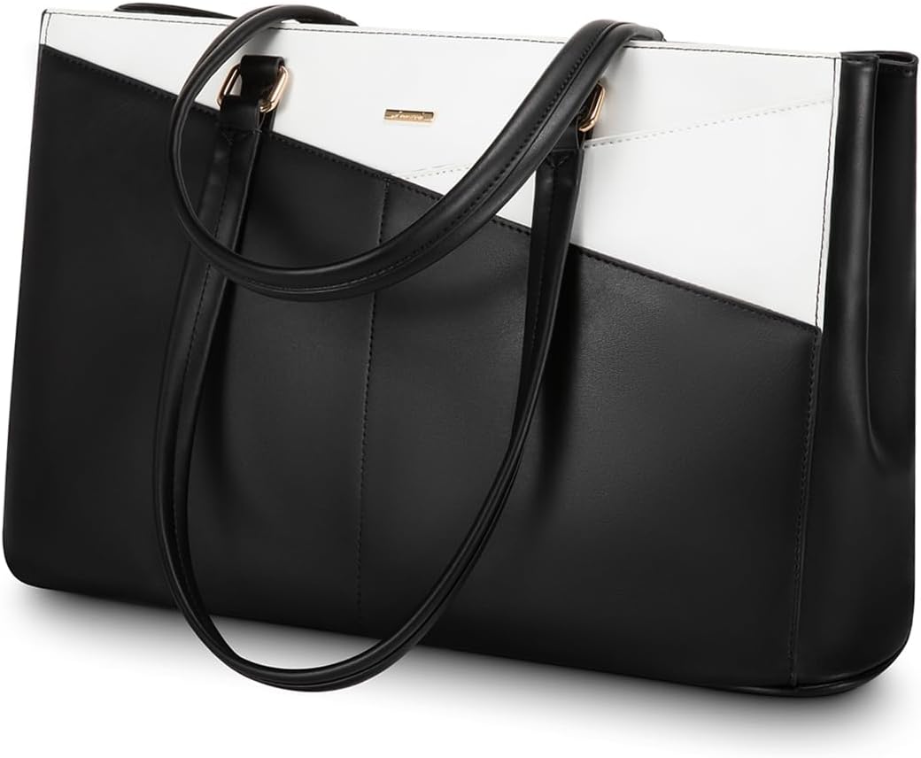 LOVEVOOK Laptop Bag for Women 15.6 Inch Tote Bags Waterproof Leather Briefcase Computer Women Business Office Work Bag,Black-White