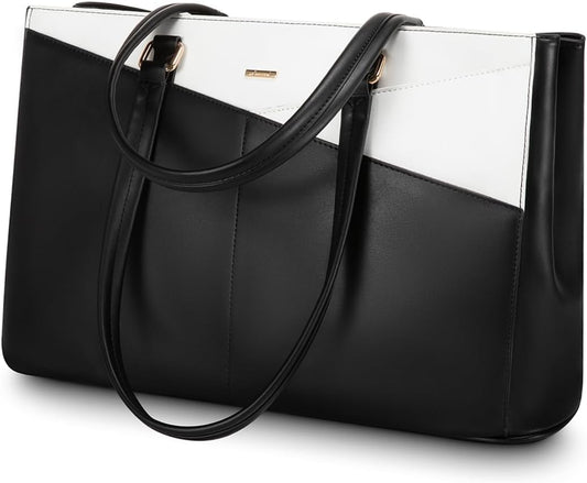 LOVEVOOK Laptop Bag for Women 15.6 Inch Tote Bags Waterproof Leather Briefcase Computer Women Business Office Work Bag,Black-White