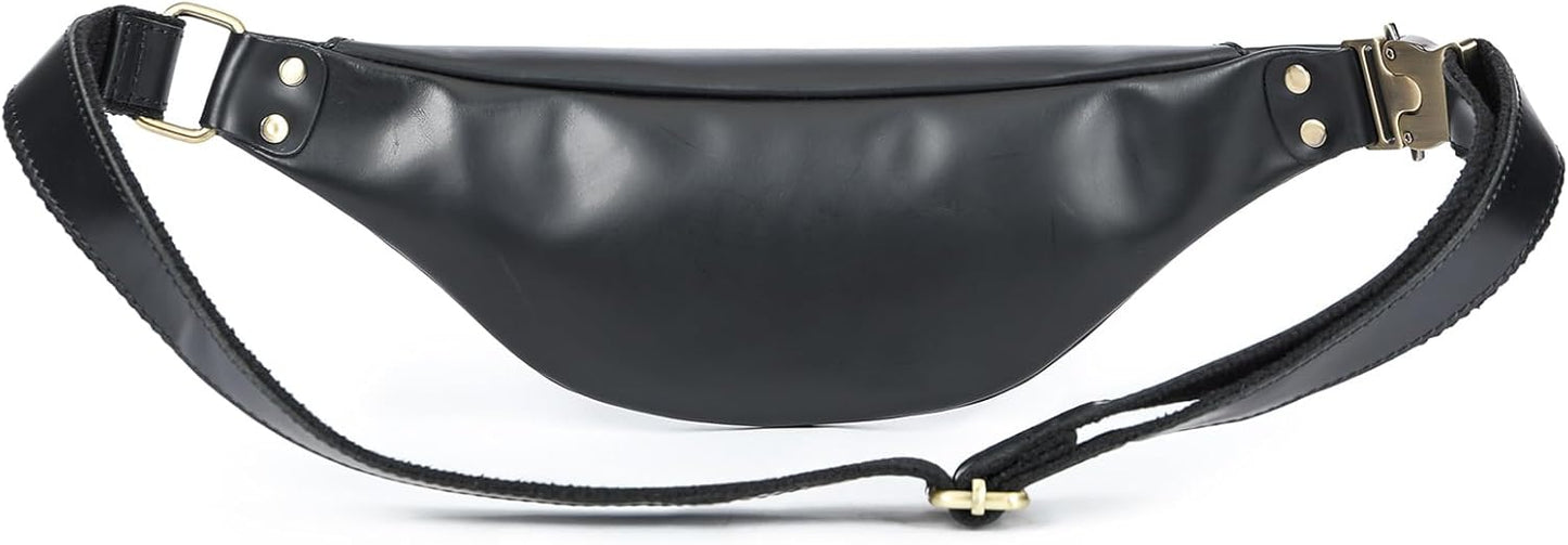 Vintage Genuine Leather Fanny Pack Small Waist Bag Travel Sling Pouch with Adjustable Leather Belt Black