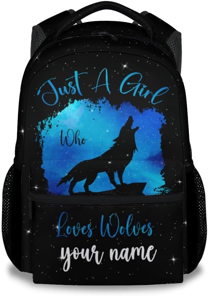 UNIKITTY Custom School Backpack for Girls, Wolf Backpack with Adjustable Straps, Elementary Bookbag Large Capacity Durable, 17" Black Cute Kids Travel Backpacks
