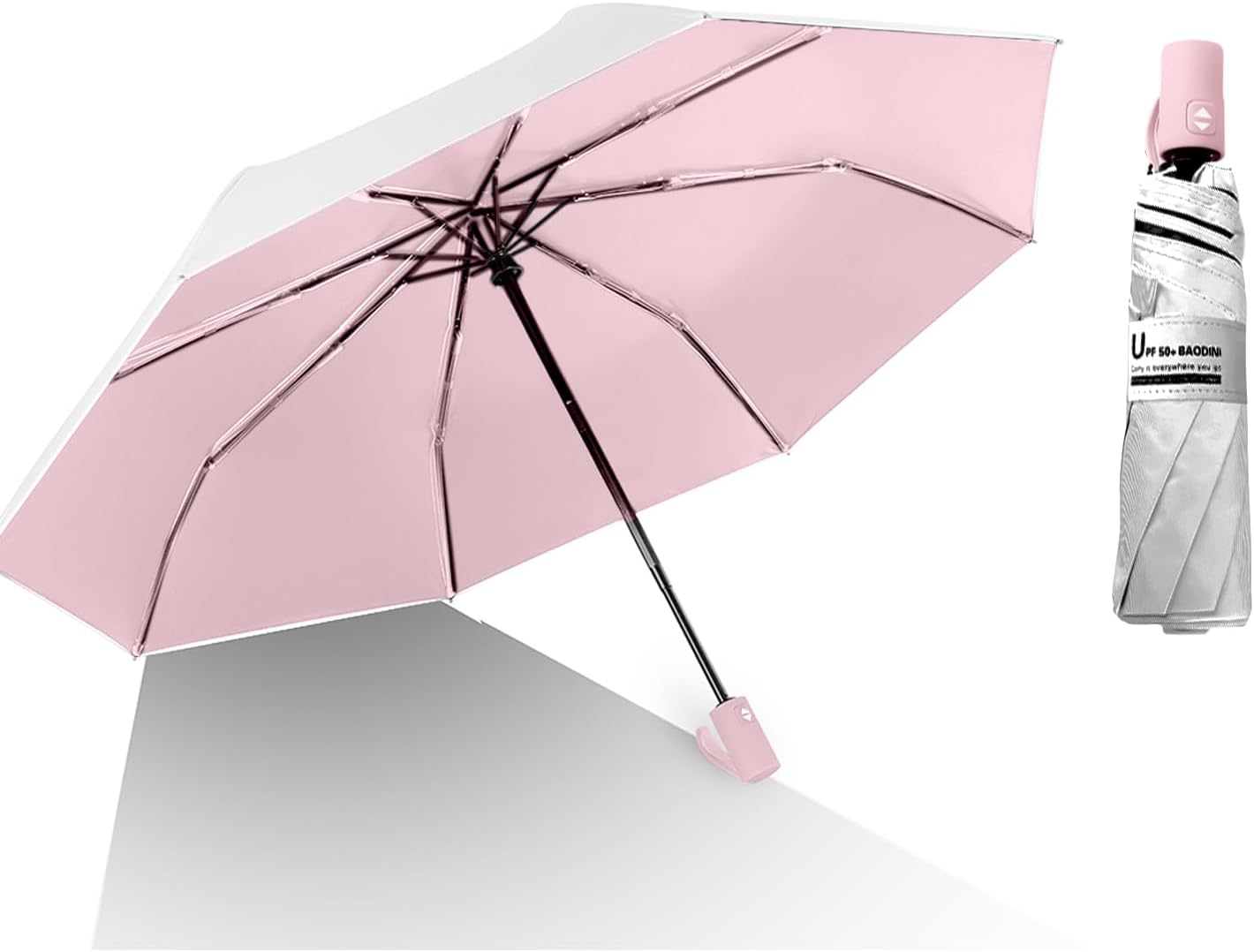 BAODINI Small UV Protection Travel Umbrella Compact for Rain and Sun UPF 50+ Windproof Portable 42 inch Umbrella for Women and Men