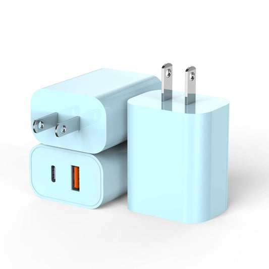 USB C Wall Charger Block, 3Pack 20W Dual Port PD Fast iPhone 16/15 Charger USB C Wall Charger Adapter + USB A Quick Charging Brick Plug for iPhone 15/14/13/12/11/Pro Max/Plus/XS/XR/X,iPad,AirPods-Blue