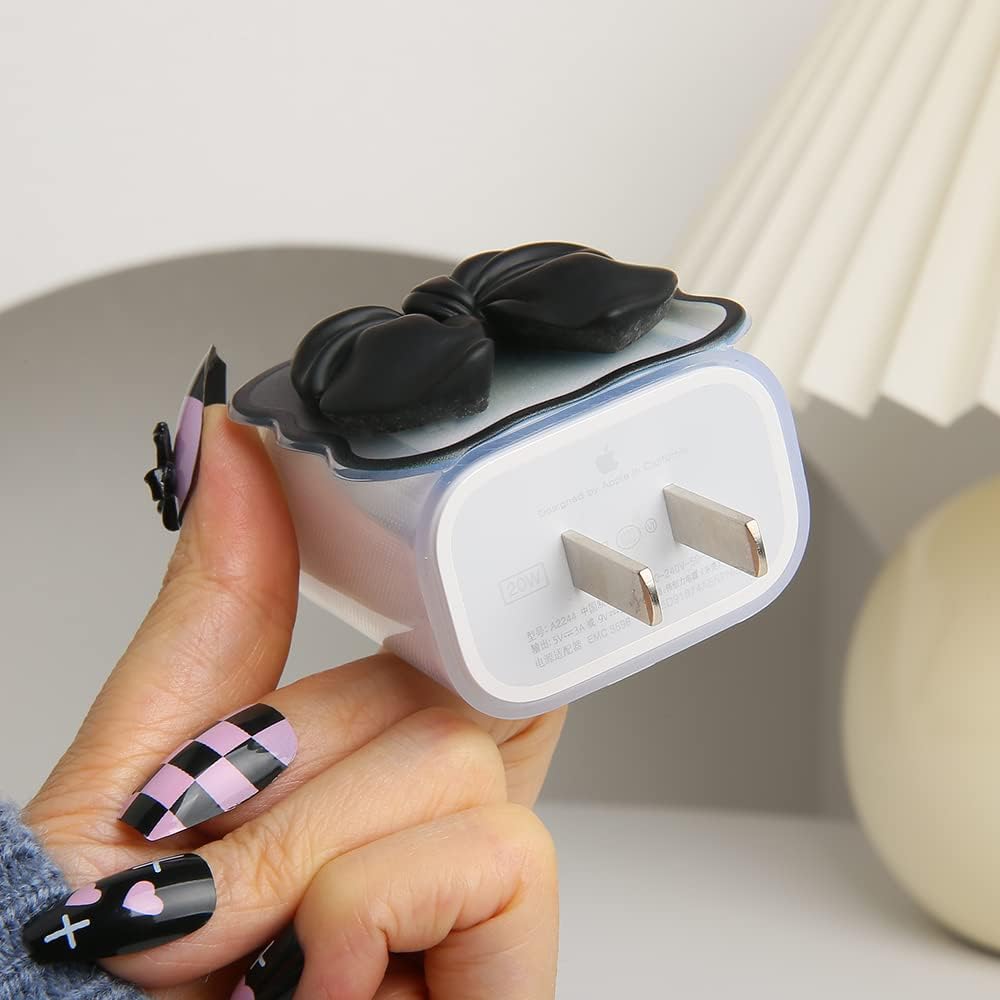 Compatible with iPhone 18W/20W USB-C Charger Cover Cute 3D Bow Tie Design Clear Soft Charger Protector Kawaii Cable Saver for iPhone 11 12 13 14 Pro Max Fast Power Adapter, Black 2 (5in1)
