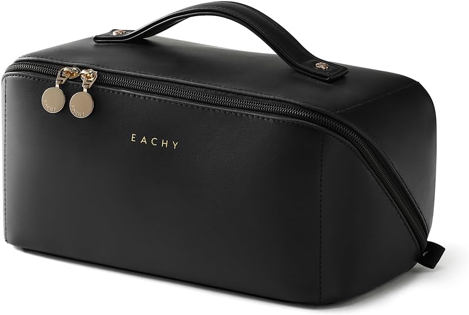 EACHY Travel Makeup Bag,Large Capacity Cosmetic Bags for Women,Waterproof Portable Pouch Open Flat