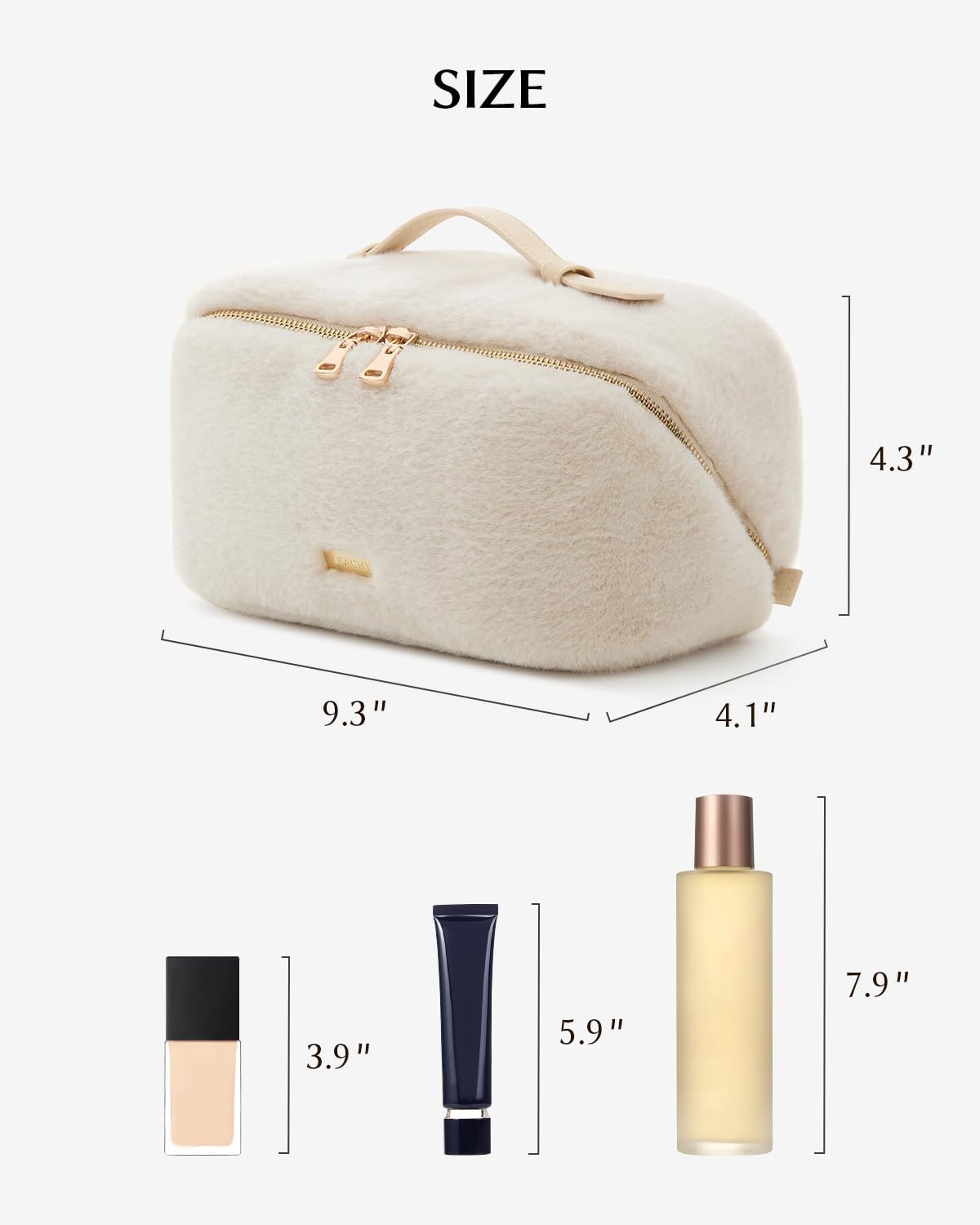 EACHY Travel Makeup Bag,Cute Faux Fur Cosmetic Bag for Women,Portable 180°Wide-Open Flat Toiletry