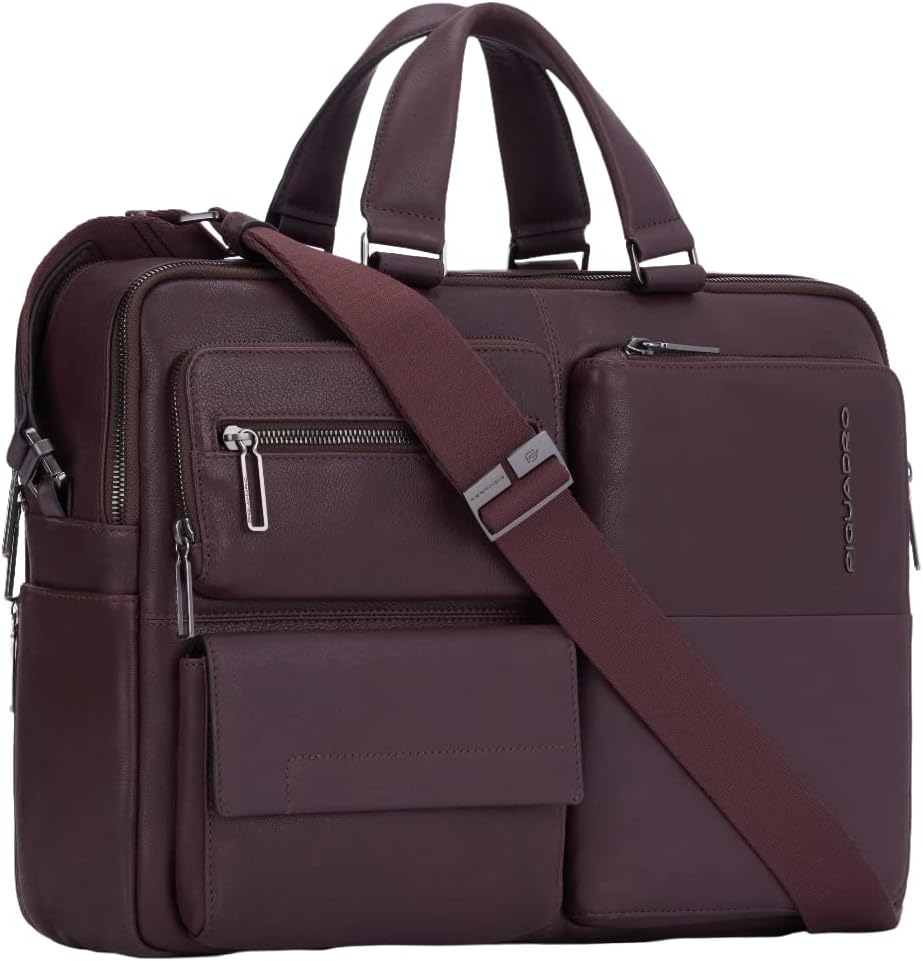 PIQUADRO Briefcase with two handles in leather and 2 compartments in leather, Black, One size