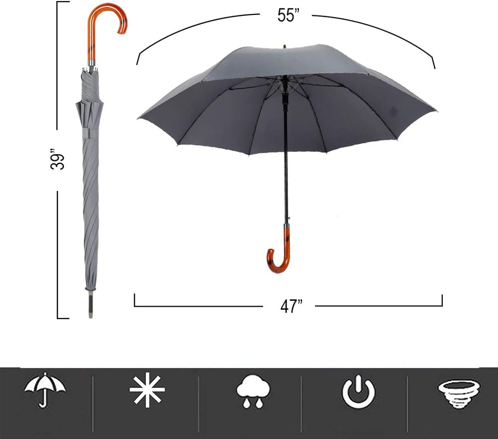 TIME LOVER Stick Umbrella Oversize Windproof Umbrella Wooden Hook Handle J Stick Automatic Open Fast Drying Umbrella for Men Women(Grey)