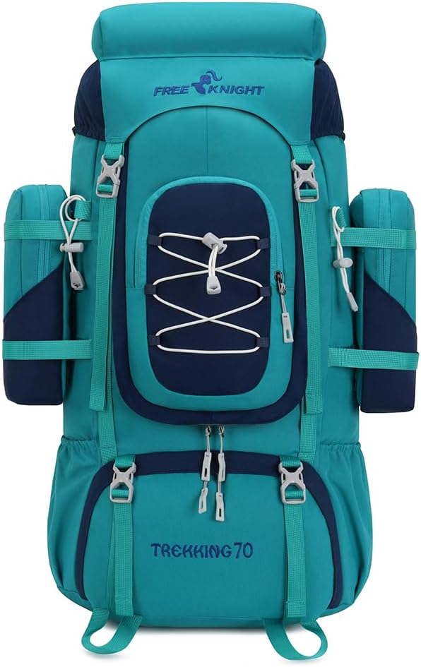 Bseash 70L (65+5) Waterproof Hiking Camping Backpack with Rain Cover, Outdoor Sport Travel Daypack for Climbing Touring (Blue Green)