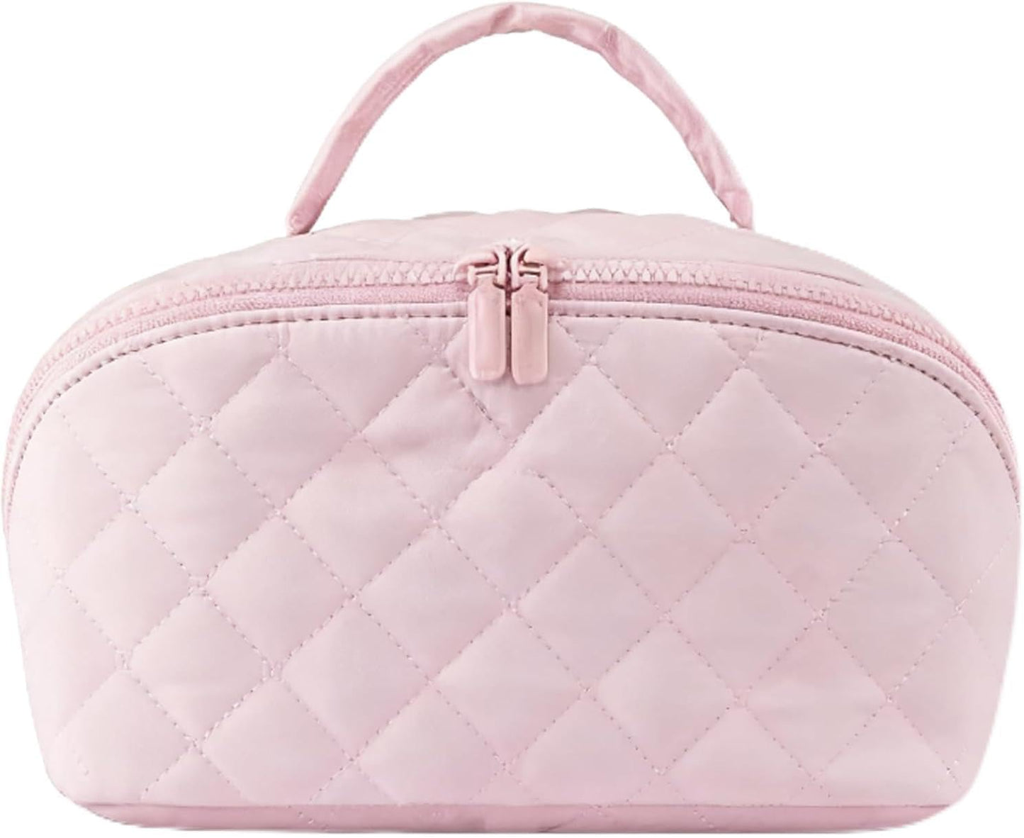 Petition Travel Makeup Bag for Woman,Festivalment Lay Flat Makeup Bag, Wide Open Water-Resistant Cosmetic Case,Puffy Padded Organizer for Toiletries & Brushes Large Capacity with Compartments (pink)