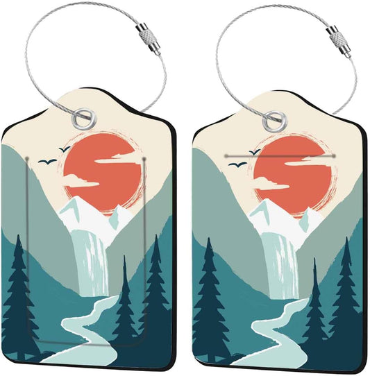 2 Pcs Mountain Sun Luggage Tags for Suitcases Men, Leather Luggage Tags for Men, Privacy Cover ID Label with Stainless Steel Loop & Address Card, Fun Travel Bag Tags Luggage Accessories for Suitcases