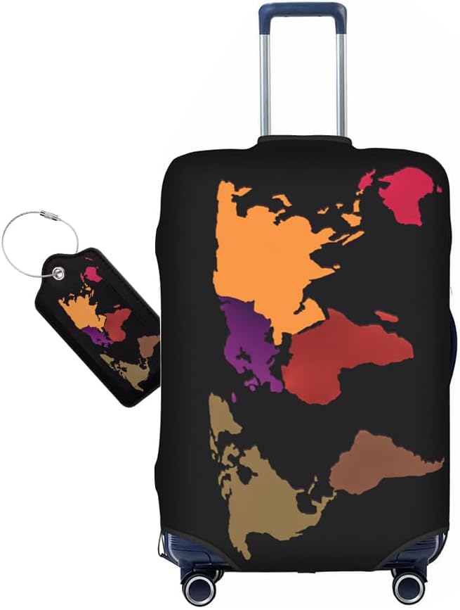 World Map Luggage Cover for Suitcase and Luggage Tag Combination, Elastic Washable Anti-Scratch Protector, Travel Birthday Gift for Men Women (S 18-21 Inch Luggage)