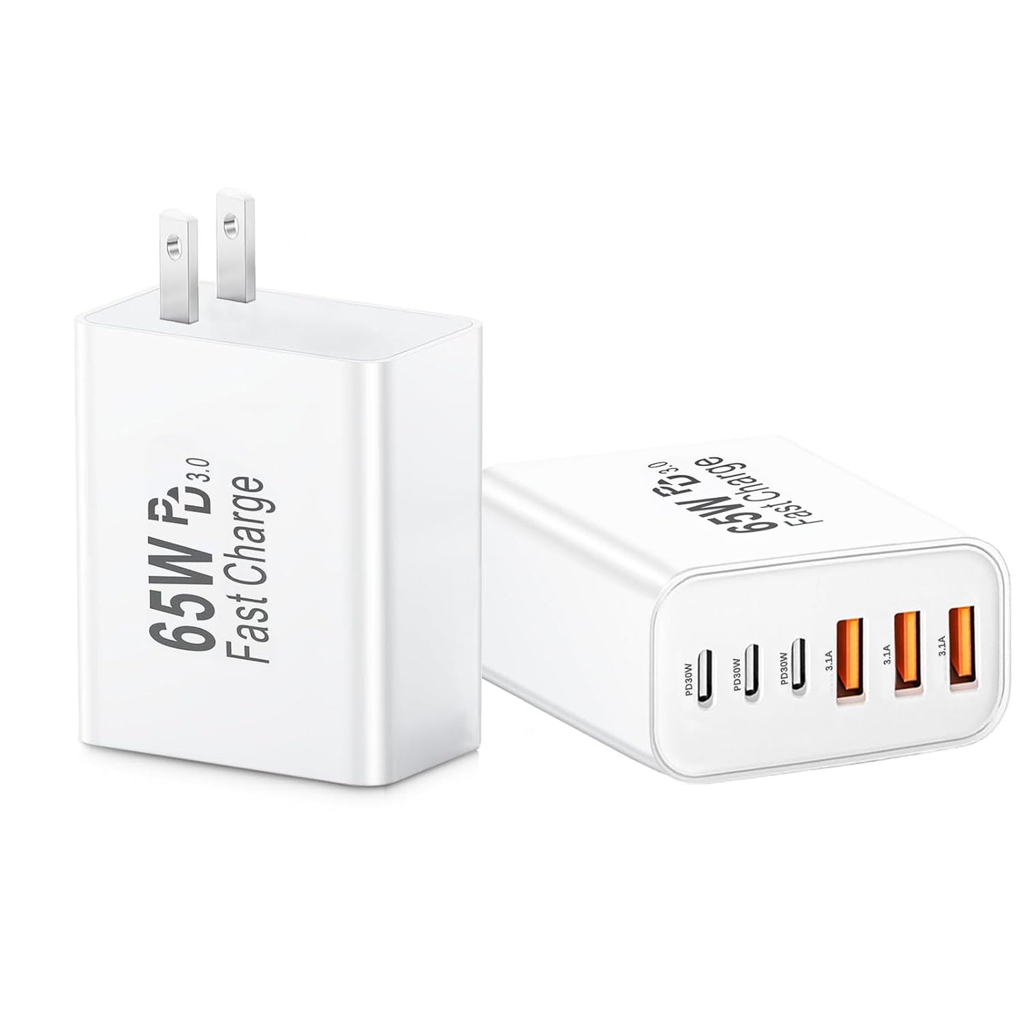 65W USB C Charger Block,2Pack Type C Charger Fast Charging Block, 6 Port GaN PD&QC Wall Plug 6in1 Multiport Power Adapter for iPhone 17 Pro Max/16e/15/14/13/12/11/SE/X/XS/XR/,iPad Pro/Air,Galaxy